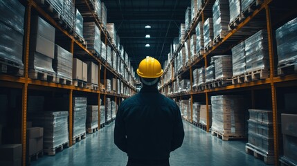 Worker overseeing safety standards in warehouse environment with yellow safety helmet
