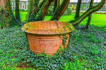 old wooden pot  in a garden 