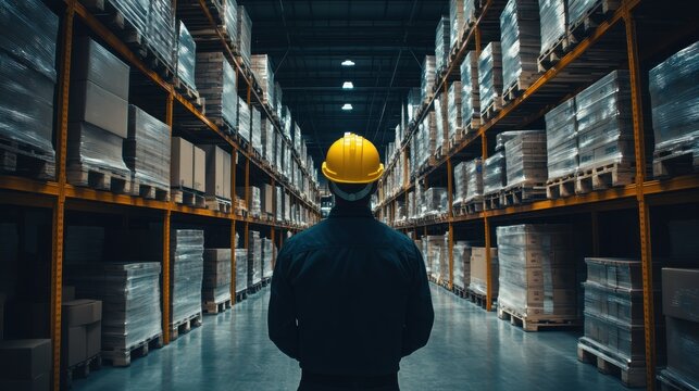 Worker overseeing safety standards in warehouse environment with yellow safety helmet
