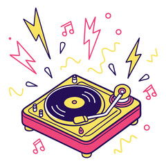 Dj turntable with neon lightning bolts and music notes