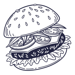 Hand drawn burger with sesame seeds lettuce tomato and cheese hamburger food