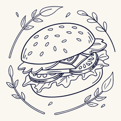 Hand drawn burger with leafy branches and seeds hamburger food