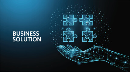Naklejka premium Business Solutions: A conceptual business solution is depicted, with an ethereal hand presenting puzzle pieces against a dark, blue backdrop.