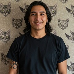 NATIVE AMERICAN, Spanish MAN SMILING STANDING AGAINST A WALLPAPERED WALL. WEARING A BLANK BLACK T-SHIRT. background, happy, standing, confident, face, expression, pose, urban, fashion, model, ethnic