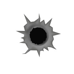 PNG broken machine material with torn gap and ricochet target features vector destruction element with metallic background crime damage edge ripped page and circular fissure opening design

