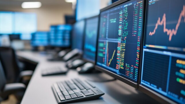 Trading Room Setup Multiple Monitors Displaying Stock Market Data, Analysis , Finance - Powered by Adobe