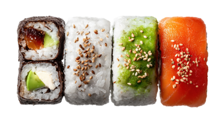 Set of sushi and maki with soy sauce over blue stone background. Top view with copy space