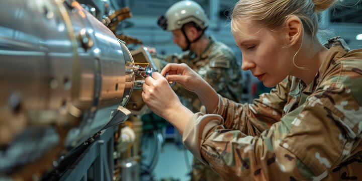 Military engineers working on a missile or rocket in a hangar, assembling and maintaining weapons systems