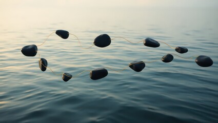 Minimalist Still Life: Tranquil Water, Stones, and a Thread of Gold