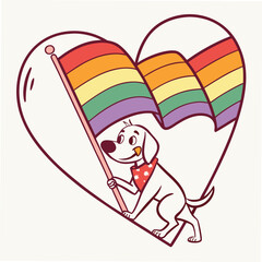 Joyful dog holding rainbow flag within heart outline pride celebration