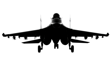 Combat aircraft silhouette with visible under-wing missiles isolated on a Transparent background, PNG file.