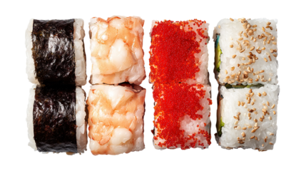Set of sushi and maki with soy sauce over blue stone background. Top view with copy space