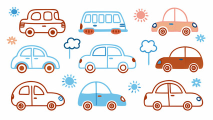 Crayon Drawn Naive Funky Kid Cars Collection - Colorful Sketches