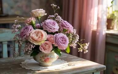 Fototapeta premium Beautiful rose flower arrangement in vintage vase on table for home decor stock photo image