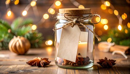 Glass jar with candle, tag, and spices