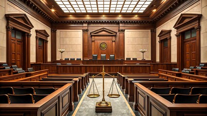 Fototapeta premium Spacious courtroom interior with scales of justice in foreground and judge’s bench in background 