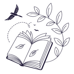 Open book with flying birds and leafy branch knowledge study