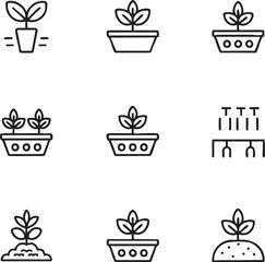 Fototapeta premium Seedling and planting vector icon set outline style,editable stroke plants,potted plants,seedlings,growing plants,cultivation,irrigation,planting,horticulture,sprout,seed,soil