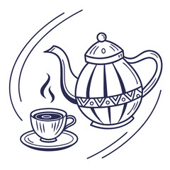 Ornate teapot with steaming cup of beverage saucer drink