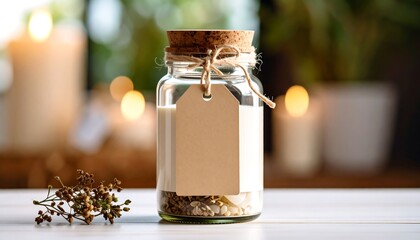 Glass jar with cork, label, and contents