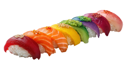 Set of sushi and maki with soy sauce over blue stone background. Top view with copy space