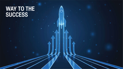 Navigating Success: A dynamic visual metaphor that represents the journey towards triumph. The ascending arrow pathway and rocket ship symbolizing progress and aiming for goals.