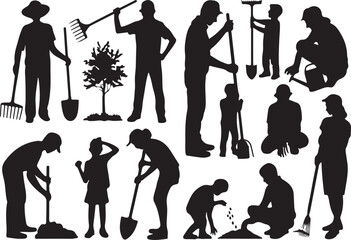 Obraz premium Gardening People Silhouettes Vector Set Diverse Activities and Generations