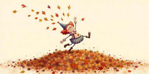 Cartoon clown playing in autumn leaves with a joyful expression  