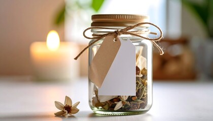 Glass jar with dried flowers and herbs, tied with twine, and blank tags