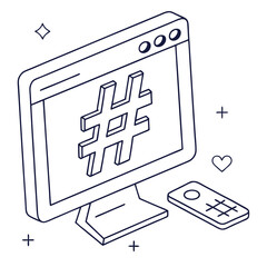 Isometric computer screen with hashtag symbol and remote