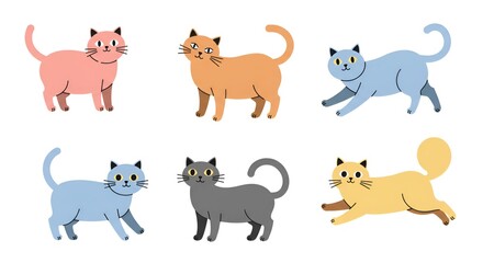 Collection of vector cats in a flat minimalist design, featuring modern pastel colors such as pink, blue, gray, and beige. Simple and clean style, ideal for contemporary designs, magazines, or social.