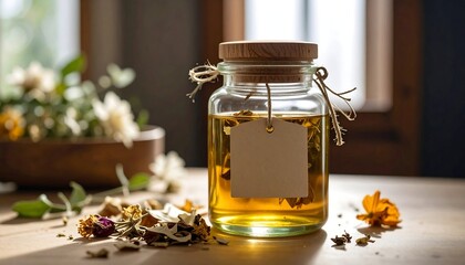 Glass jar with dried flowers and herbs