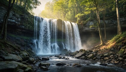 Obraz premium Picturesque waterfall cascades over rocks in forest. Water flows powerfully creating refreshing mist. Natural landscape evokes tranquility, wilderness, ideal for nature exploration adventure themes.