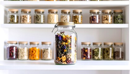 Glass jar with dried flowers on white shelves filled with various jars of herbs and spices