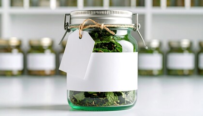 Glass jar with dried herbs, blank label