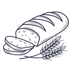 Loaf of bread with wheat stalks and slices sliced