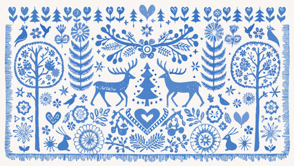 Blue and white folk art illustration featuring deer, birds, trees, flowers, and heart motifs in a pattern silhouette