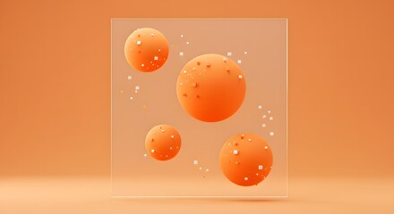 Orange spheres with small cubes inside a transparent box on an orange background studio shot