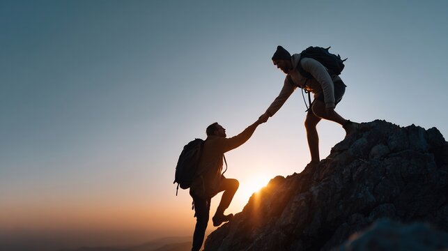 Two hikers reaching the summit and helping each other in the mountain