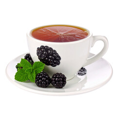 Blackberry tea in white cup and saucer with mint