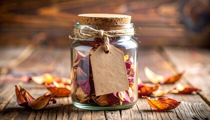 Glass jar with dried rose petals and tag