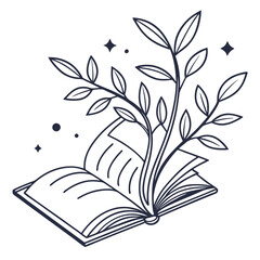 Open book with growing plant and stars leaves growth