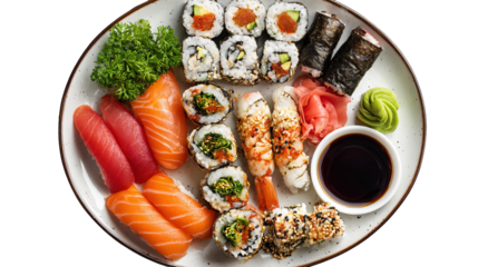 Set of sushi and maki with soy sauce over blue stone background. Top view with copy space