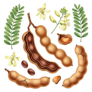 Tamarind fruit set. Watercolor illustration. Hand drawn realistic tamarindus indica fruit, beans, flower and leaf element collection. Tamarind sweet natural organic plant on white background