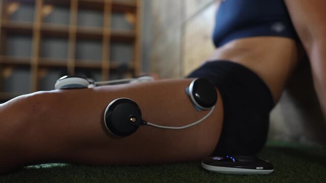 Low angle close-up: Electrical muscle stimulation electrodes flex quads