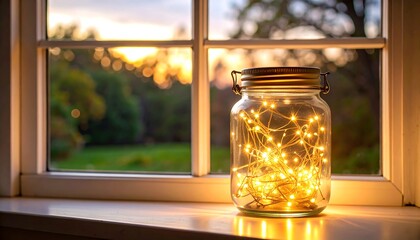 Glass jar with lights on windowsill