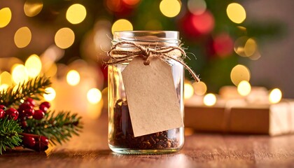 Glass jar with spice blend, gift tag, Christmas lights (1)