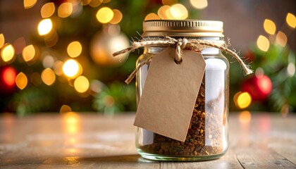 Glass jar with spice blend, gift tag, Christmas lights