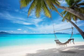 Fototapeta premium The tranquility of the tropical sea, with a swing in the swaying coconut trees.