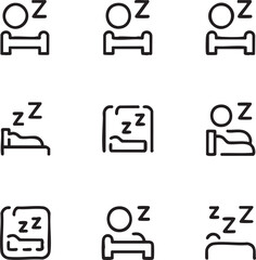 Sleep and rest vector icon set outline style,editable bed,sleeping,zzz,dream,pillow,sleepy,bedroom,night,bedtime,nap
